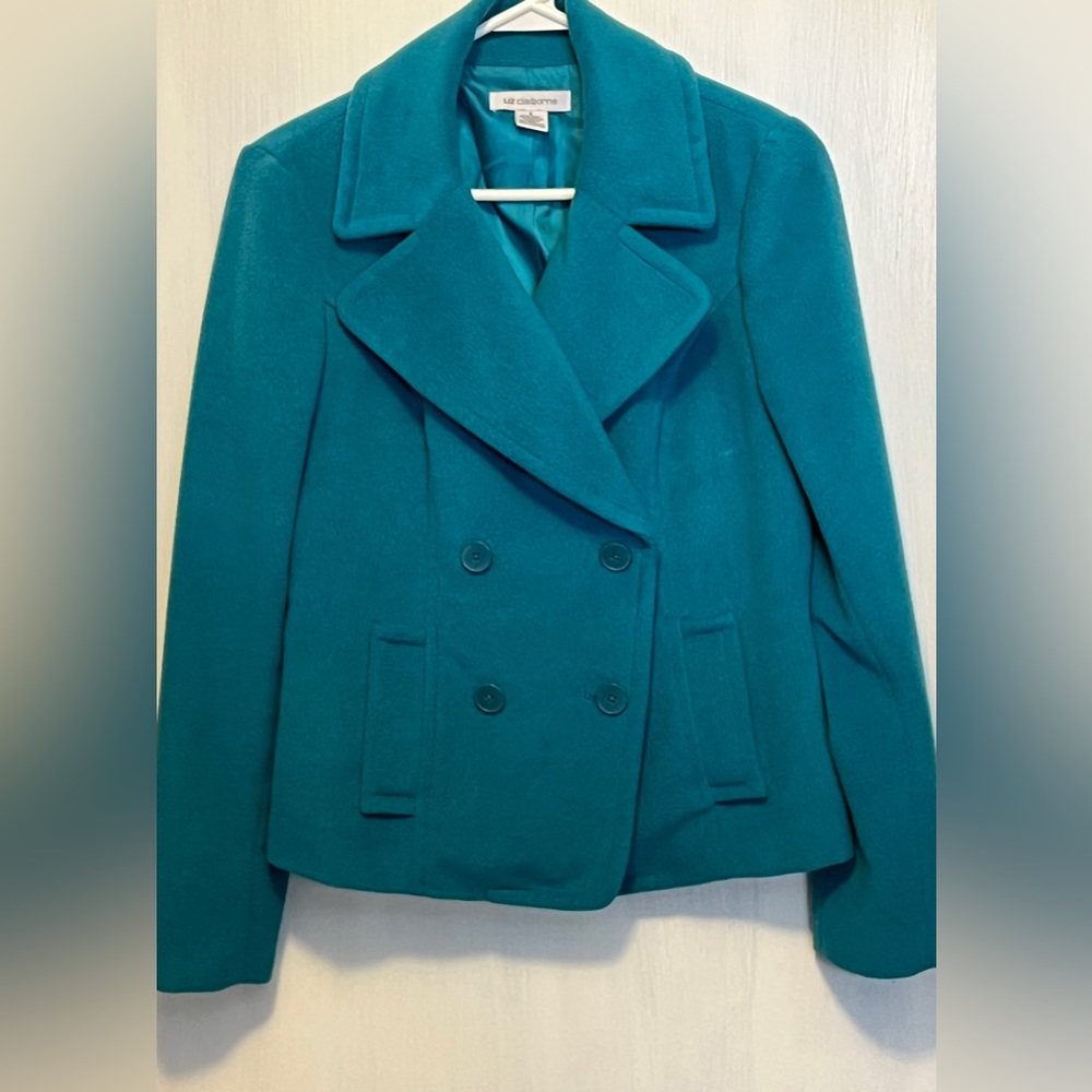 Sz Sm Liz Claiborne Teal Blue short double breasted jacket